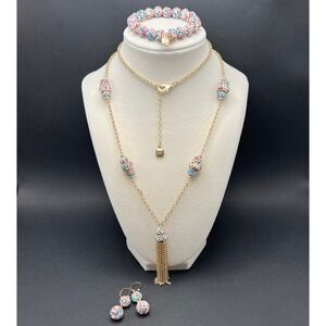 Monet Necklace Bracelet Earrings Set Gold Tone Multicolor Tassel Demi Parure 33"